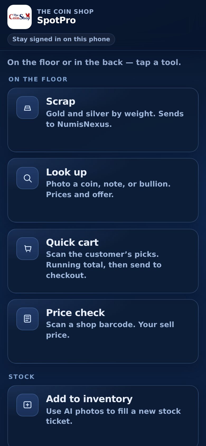 SpotPro Pocket home: Look up, scrap, quick cart, price check