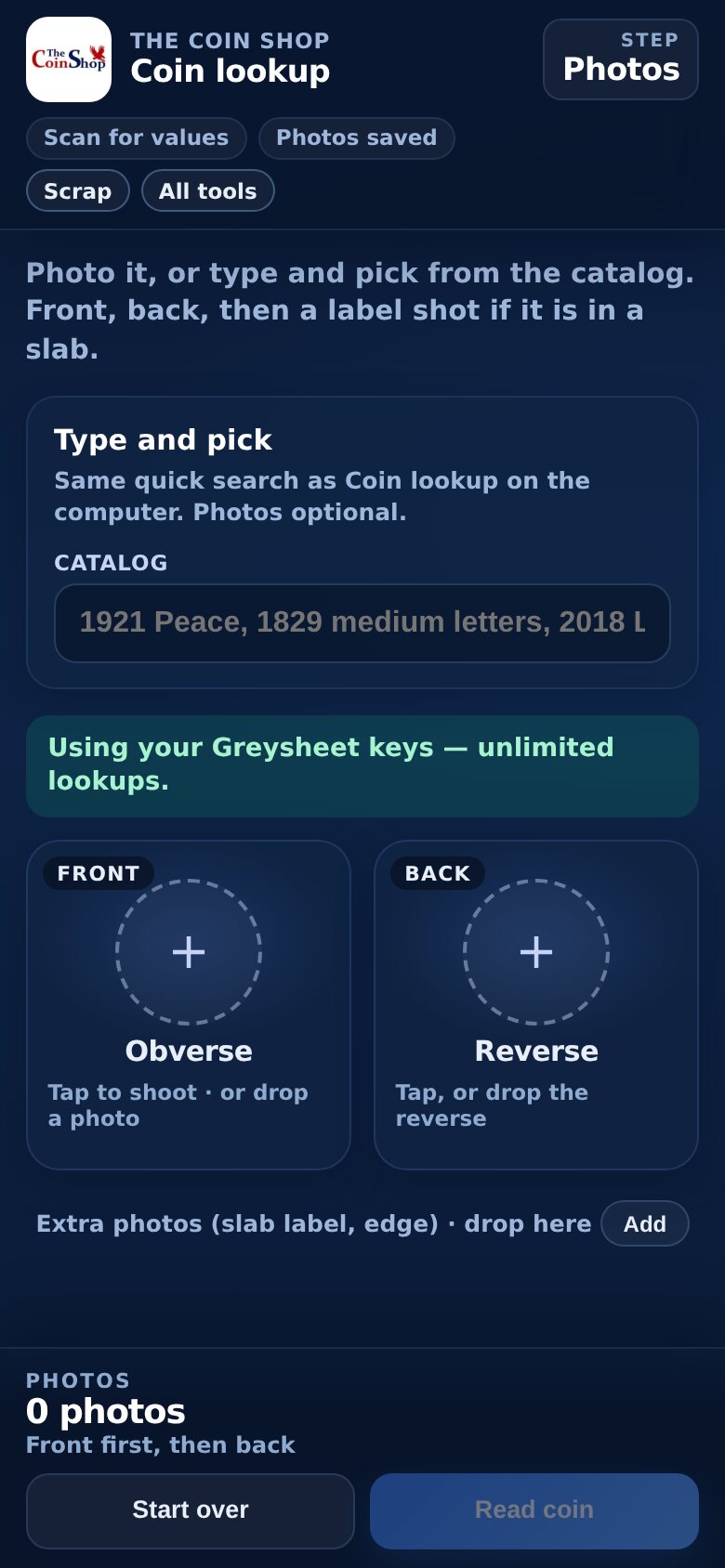 SpotPro Pocket coin lookup: photograph obverse and reverse